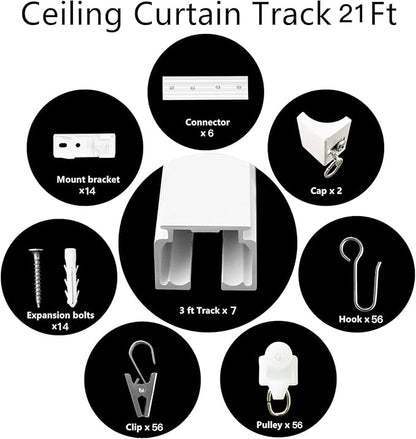 Ceiling Mount Curtains Track Room Divider Privacy Partition Separator Curtain Tracks Rods Heavy Duty RV Shower Outdoor Rail Clip Hook Set, White 3-21ft