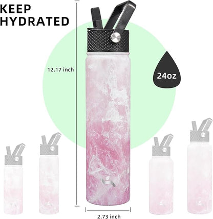 Insulated Water Bottle 24oz Stainless Steel Sport Bottles with 3 Lids,Marble Blossom