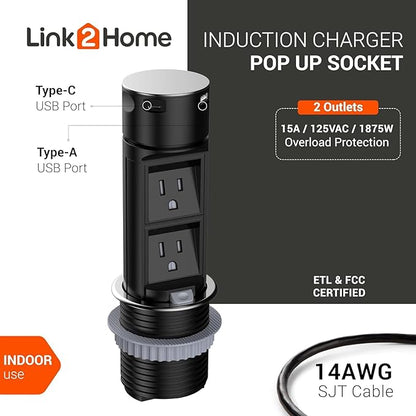 Link2Home 2 Pack Space Saver Pop Up Outlet, 2 Power Outlets, 2 USB Ports A/C 2.4 Amp, Splash Resistant, Overload Protection, Stainless