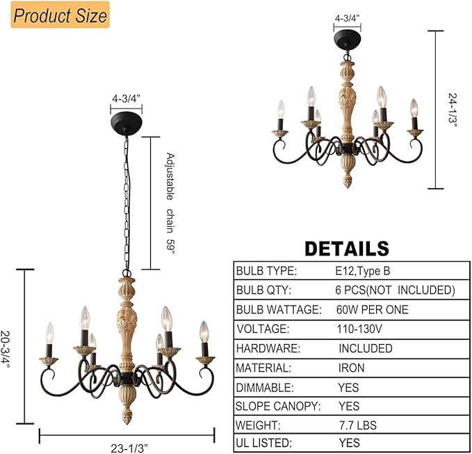 French Country Chandelier-Farmhouse Chandeliers for Dining Room 6 Lights Fixture Rust Imitation Wood Finish for Living Room, Bedroom, Kitchen, Stairway, Bathroom (Dia 23.3”)