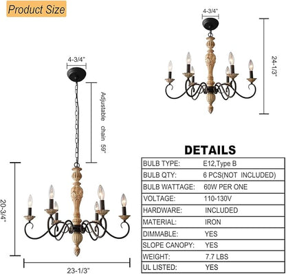 French Country Chandelier-Farmhouse Chandeliers for Dining Room 6 Lights Fixture Rust Imitation Wood Finish for Living Room, Bedroom, Kitchen, Stairway, Bathroom (Dia 23.3”)