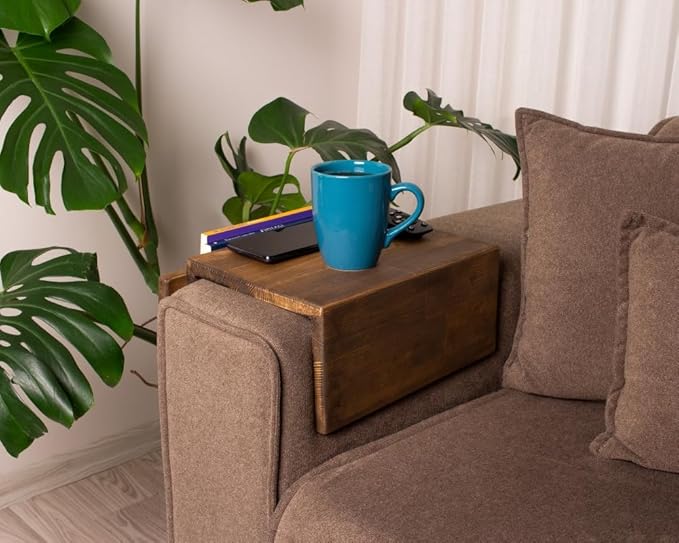 Wooden Couch Arm Tray – Sofa Armrest Table with Book & Magazine Holder, Perfect for Coffee & Remote Control, Solid Wood (Vancouver)