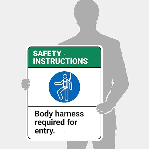 Safety Instructions Body Harness Required for Entry Sign, 24x30 Inches, Rust Free .063 Aluminum, Fade Resistant, Made in USA by Sigo Signs