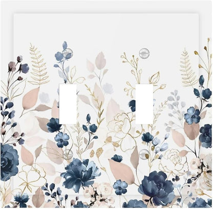 Blue Flora Boho Vintage Flower Golden Leaves Decorative Switch Plates 2 Gang Double Toggle Outlet Light Switch Cover Wall Plate Electrical Faceplate for Bedroom Living Room Decor