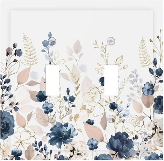 Blue Flora Boho Vintage Flower Golden Leaves Decorative Switch Plates 2 Gang Double Toggle Outlet Light Switch Cover Wall Plate Electrical Faceplate for Bedroom Living Room Decor