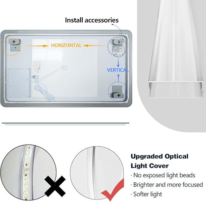 Niccy Led Mirror for Bathroom, 36"x24" Frameless Frontlit and Backlit Mirror for Wall Lighted Mirror with Bedroom 3 Color, Defogger, Explosion-Proof, HD Glass, IP65 Vanity Mirror Horizontal/Vertical
