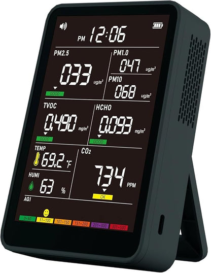 Professional Indoor Air Quality Monitor with AQI, Portable Real-Time Detector for Home Cars Plants and Pets (Black)