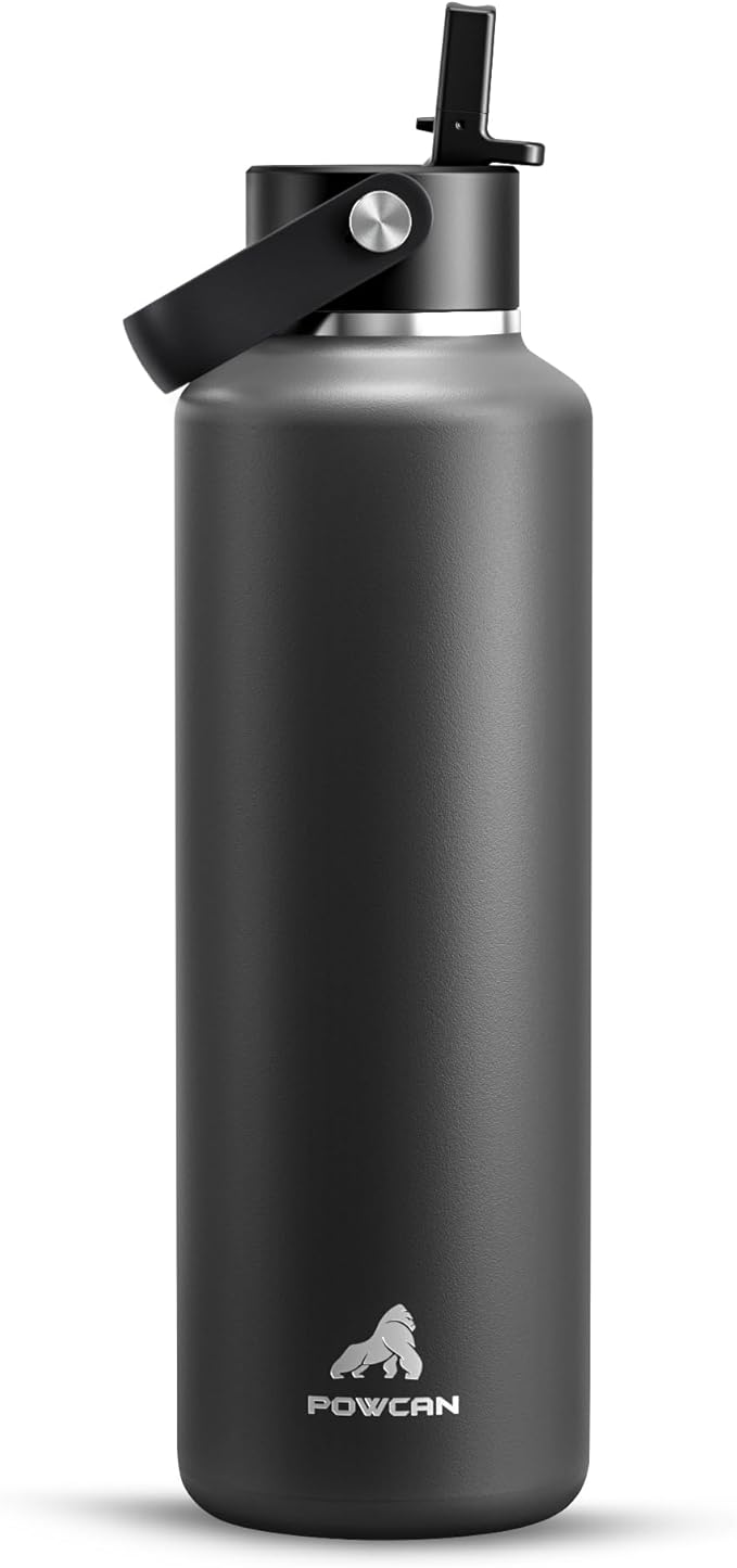 POWCAN 24 oz Slim Insulated Water Bottle: Leakproof, Lightweight, Top Handle, Stainless Steel Water Bottle with Straw for Sport, Gym, Fitness, Office, Home, Commute, Workouts, Boy, Men (Stone Gray)