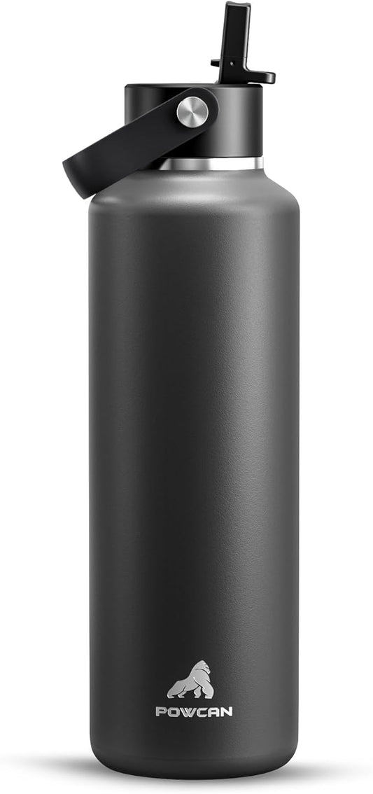 POWCAN 24 oz Slim Insulated Water Bottle: Leakproof, Lightweight, Top Handle, Stainless Steel Water Bottle with Straw for Sport, Gym, Fitness, Office, Home, Commute, Workouts, Boy, Men (Stone Gray)