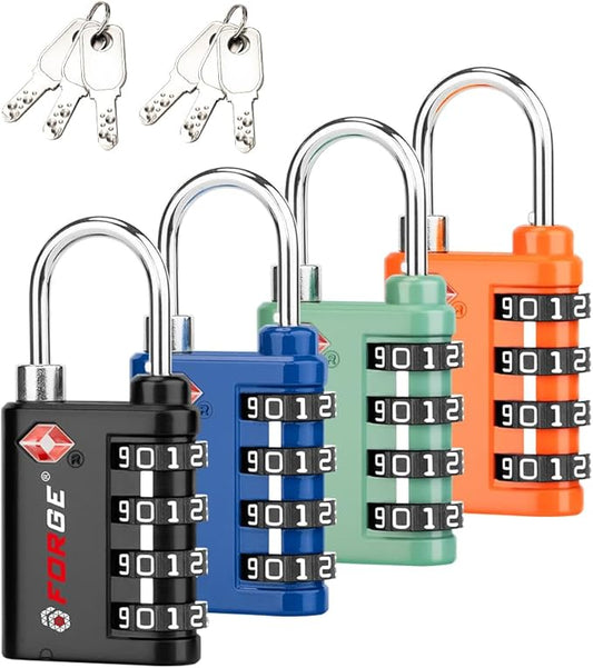 Forge Dual-Opening: Key or Combination Lock, TSA Approved Lock for Luggage, Pelican case, Travel, Gym, School, Luggage Combination Lock, Travel Bag Lock (4 Colors 4 Pk)