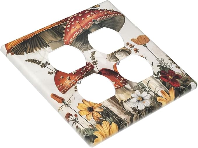 Outlet Covers Mushroom Forest Butterfly Wild Flower 2 Gang Double Duplex Decorative Light Switch Covers Electrical Wallplates Socket Faceplate For Bed Room Living Room Decor