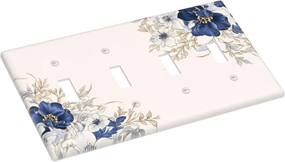 Decorative Light Switch Cover Plate Rustic Blue Beige Flower Peony Floral 4 Gang Wall Plates for Electrical Outlets Quad Toggle Switch Plate Covers Outlet Covers Faceplate for Bedroom Decor