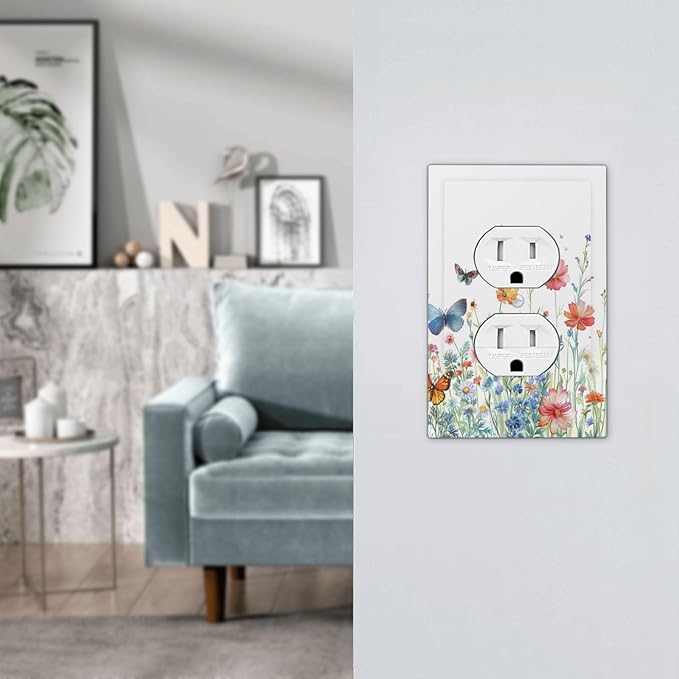 Decorative Outlet Covers Rustic Wildflower Blue Pink Floral Butterfly 1 Gang Duplex Light Switch Cover Plate Unique Wall Plates for Electrical Outlets Switch Plate Covers for Bedroom Decor