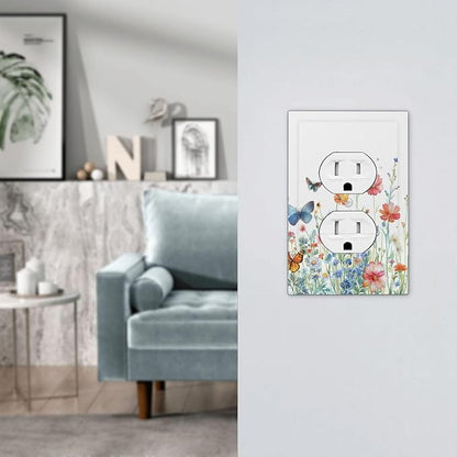 Decorative Outlet Covers Rustic Wildflower Blue Pink Floral Butterfly 1 Gang Duplex Light Switch Cover Plate Unique Wall Plates for Electrical Outlets Switch Plate Covers for Bedroom Decor