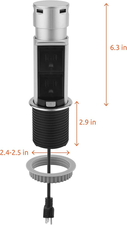 Link2Home 2 Pack Space Saver Pop Up Outlet Station with USB, 2 Power Outlets 15A, 2 USB Ports 2.4A Fast Charge Splash Resistant, Stainless-Steel Finish, for Kitchen Island, Office Table and Workshop