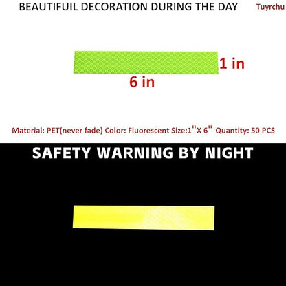 Non Fading Fluorescent Yellow Reflective Stickers 1 inch X 6 inch, Outdoor Waterproof High Visibility Safety Adhesive Reflector (50 Pcs)