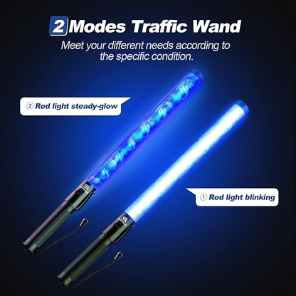 RoadHero 2 Pack 21 Inch Traffic Wands, Blue Led Traffic Control Baton, Night Safety Light Wand with 2 Flashing Modes, Air Marshaling Signal Wand with Side Clip for Parking Lot