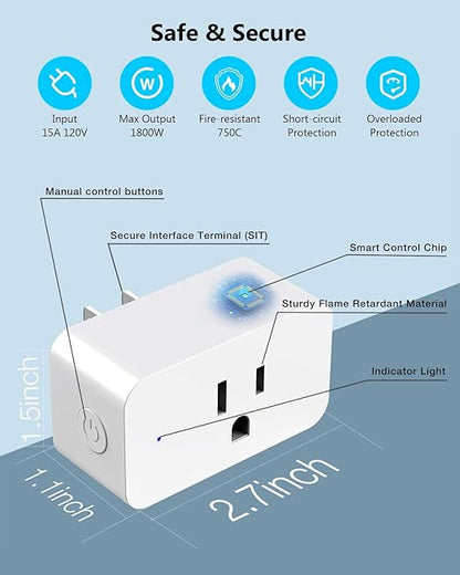 DAYBETTER Smart Plug 15A/1800W, Smart Plugs Compatible with Alexa and Google Home, 2.4GHz WiFi Bluetooth Alexa Smart Plugs, Smart Outlet with APP Control, Timer & Schedule, 2Pack