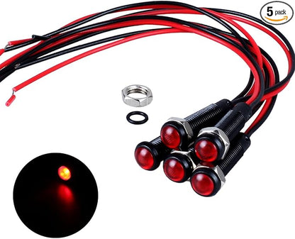 5pcs 6mm LED Indicator Light Plastic Black Signal Dot Lamp 12V-24V 1/4" Mounting Hole Size with 15cm/5.9in. Wire (Red LED)