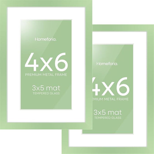 Homeforia Sage Green 4x6 Picture Frame, High End Metal 4 x 6 Frames with Mat 3 x 5 for Print, 4by6 Desk Frame Matted to 3x5 in Photo, 4 by 6 Wall or Tabletop Frames, Tempered Glass, Wall Kit, Set of 2