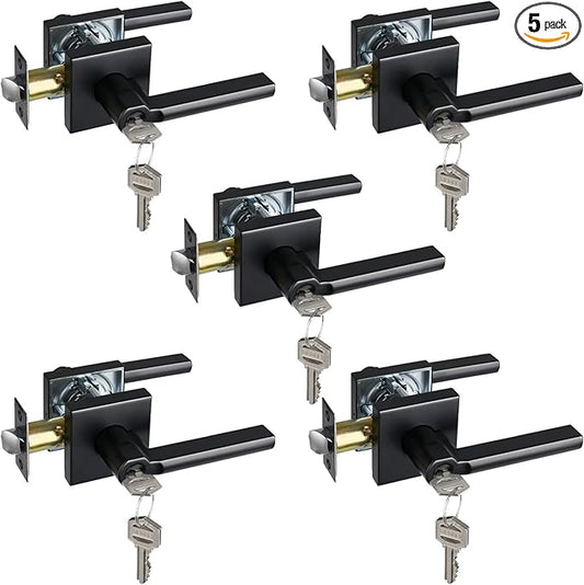 Keyed Entry Door Lever with Lock, Heavy Duty Square Interior Handle for Front Door and Office, Matte Black, Reversible for Right&Left Handed, 5Packs