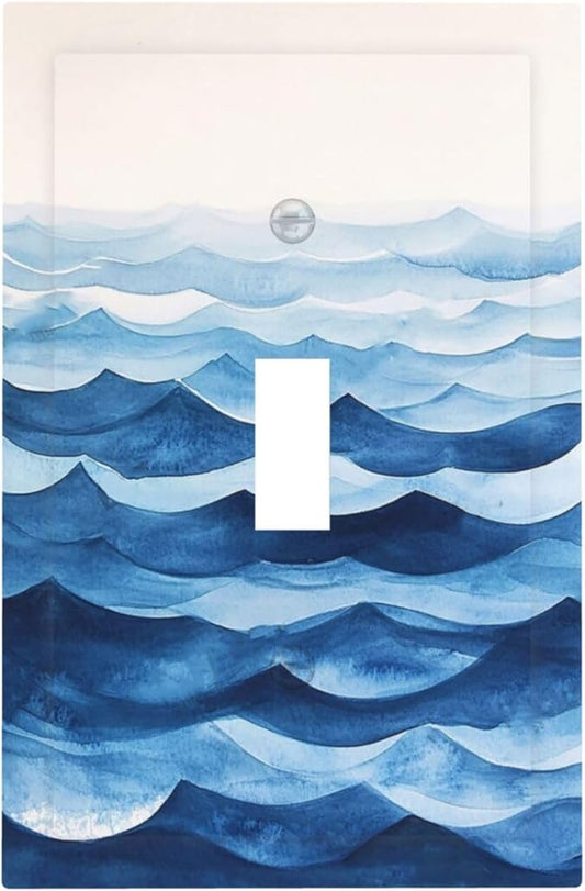 Decorative Light Switch Cover Plate Blue Watercolor Textured Abstract Ocean Wave 1 Gang Single Toggle Wall Plate Electrical Outlet Covers Decorate Switch Plate Cover for Bedroom living Room Decor