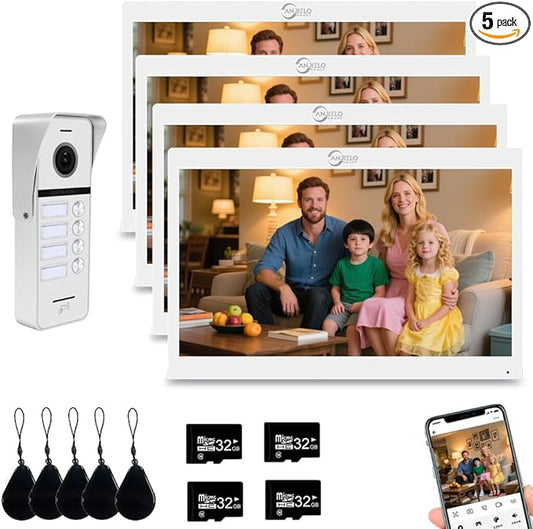 ANJIELO SMART Wired Video Doorbell Apartment Intercom System,4 Family Units 10 Inch Touch Monitor,3 in 1 Unlocking,Dual Way Intercom Motion Detection Tuya for Villa Home (1 Doorbell(w)+ 4 Monitor(w))