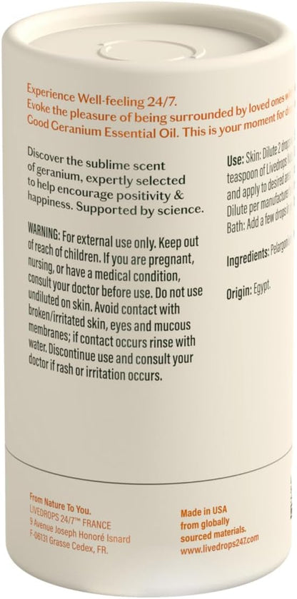 LIVEDROPS 24/7 Good Geranium Essential Oil, Natural Vegan Aromatherapy for Diffuser or Diluted Skin Use, Rosy Floral Scent, Origin Egypt, Made in USA, Clinically Tested, 10ml