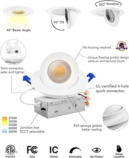 Adetu 4 inch Gimbal Led Recessed Lights, 360°+90° Adjustable Directional Recessed Lighting, 2700K/3000K/3500K/4000K/5000K Dimmable Retrofit Eyeball Can Lights with Jbox,ETL(White,12 Pack)