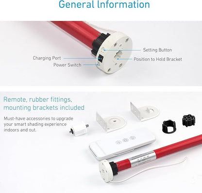 Rollerhouse 1-1/8" (28mm) Battery Powered Motor Kit with Remote Control and Charger Electric Motor DIY Motorized Tube for Window Blinds