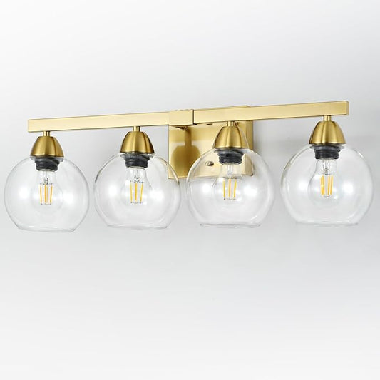 4-Light Bathroom Vanity Light, Gold Wall Sconce with Premium Hand-Crafted Glass Shades, Shatter-Resistant & Few Imperfections, Ideal for Mirror, Kitchen, Living Room