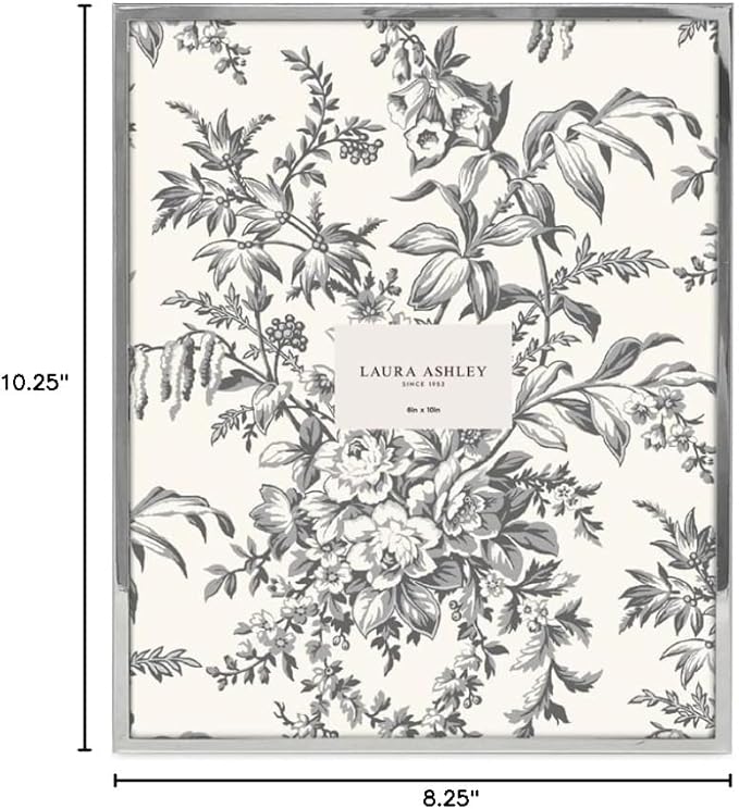 Laura Ashley 8x10 Silver Flat Metal Picture Frame (Vertical & Horizontal) w/Two-Way Easel Stand, Black Velvet Backing, Wall-Mountable, Made for Tabletop, Desk, Wall Display, Home Décor (8x10, Silver)
