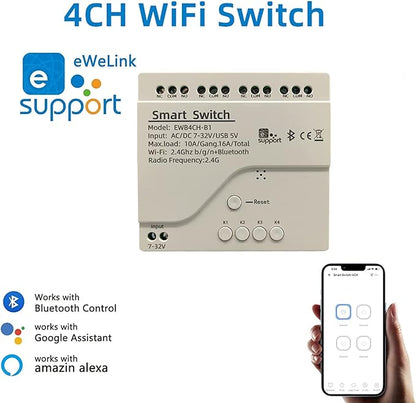 4 Channel Smart Switch, Momentan/Locking WiFi Relay, eWeLink App Bluetooth Control Switch, DIY Smart Home, Compatible with Alexa Google Home