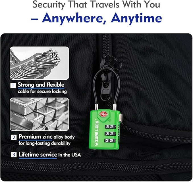 SURE LOCK TSA Compatible Travel Luggage Locks, Inspection Indicator, Easy Read Dials TSA Approved with Zinc Alloy Green 4PACK