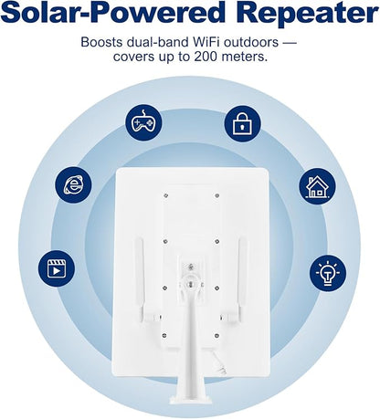 Solar WiFi Repeater, WiFi Extender Signal Booster, WiFi Amplifier, 2.4GHz 300Mbps Cover 200m Range, IP66 Waterproof for Yards, Farm and Outdoor Area