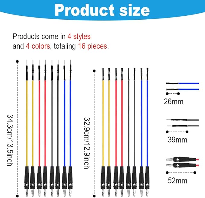 Banana Plug Jumper Wires Kit, 16pcs 4mm Stackable Breadboard Jumper Test Lead, Male to Female, Universal Breakout Test Leads for Electrical Testing