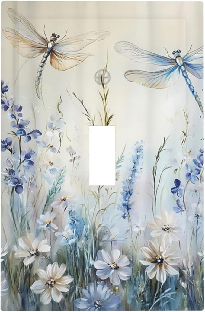 Decorative Light Switch Cover Plate Watercolor Dragonfly Blue Wihte Flower 1 Gang Single Toggle Wall Plates for Electrical Outlets Outlet Covers Switch Plate Covers Faceplate for Home Decor