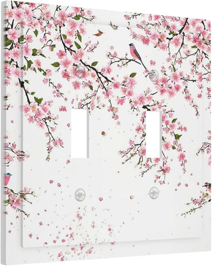 Decorative Light Switch Plate Covers Rustic Plum Blossom Pink Flowers 2 Gang Light Switch Cover Unique Double Toggle Wall Plate Outlet Covers for Bedroom Home Decor（2 Pack）