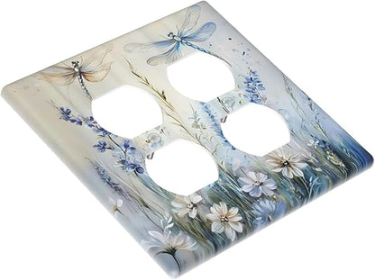 Decorative Outlet Covers Watercolor Dragonfly Blue Wihte Flower 2 Gang Light Switch Cover Plate Double Duplex Wall Plates for Electrical Outlets Switch Plate Covers for Bedroom Home Decor