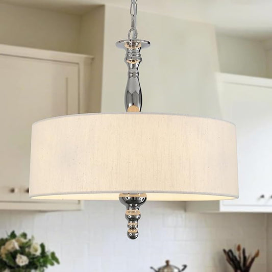 4-Light Drum Chandeliers, Drum Pendant Light Fixture Beige Linen Fabric Shade, Kitchen Chandeliers Over Table,Adjustable Hanging Light Fixture for Dining Room,Brushed Nickel
