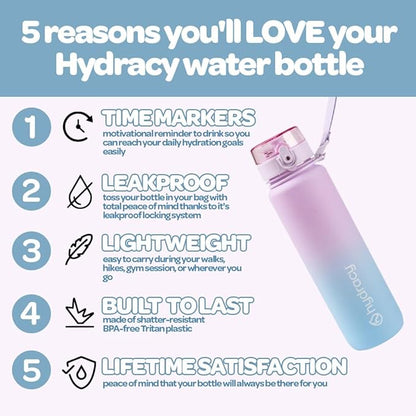 Hydracy Water Bottle with Time Marker -Large 32oz BPA Free Gradient Water Bottle - Leak Proof Gym Bottle with Fruit Infuser Strainer & Times to Drink -Ideal for Fitness Sports & Outdoors