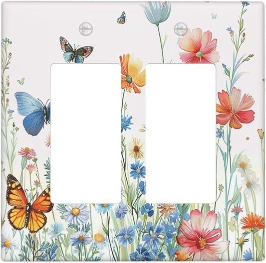 Decorative Outlet Covers Rustic Wildflower Blue Pink Floral Butterfly 2 Gang Light Switch Cover Plate Double Rocker Wall Plates for Electrical Outlets Switch Plate Covers for Home Decor
