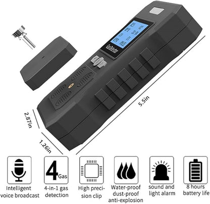 4 Gas Monitor Rechargeable Portable Gas Detector H2S O2 CO and LEL Multi Gas Monitor Professional Gas Sniffer with LCD Display Sound Light Vibration Alarm Mode.