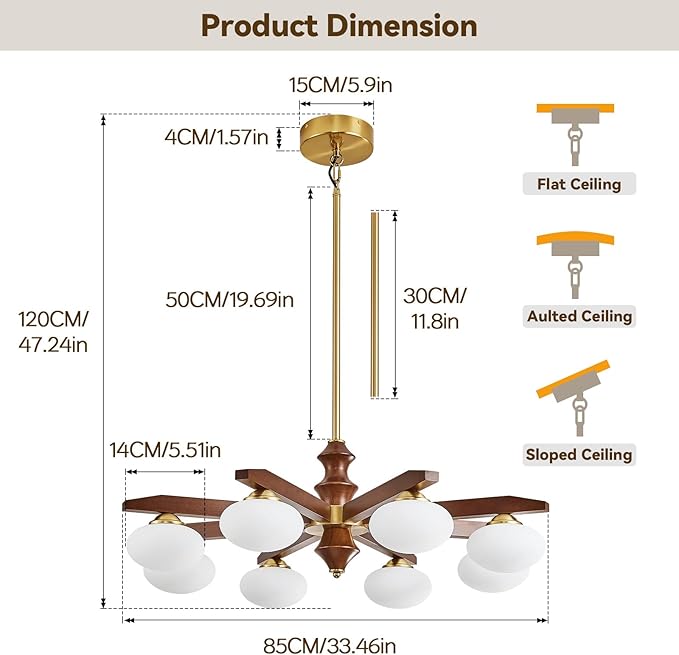 8-Light Chandelier, Mid Century Gold Chandelier with Milk Glass Shades, Wood Dining Room Light Fixture
