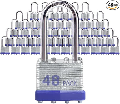 Lock Outdoor Padlocks, Key Lock, Padlocks with Same Key - Laminated Steel Keyed Padlocks with Long Shackle, 48 Pack, for Hasp Latch, Sheds, Fences, Storage Locker, School, Gym