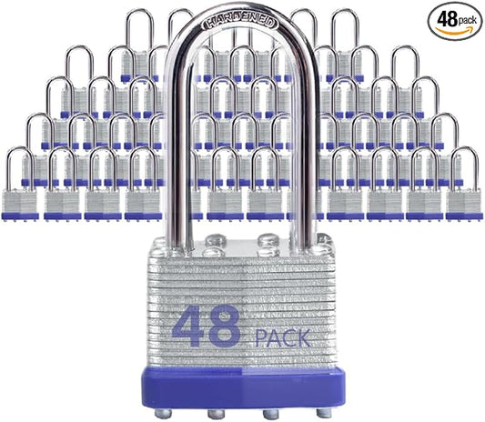Lock Outdoor Padlocks, Key Lock, Padlocks with Same Key - Laminated Steel Keyed Padlocks with Long Shackle, 48 Pack, for Hasp Latch, Sheds, Fences, Storage Locker, School, Gym