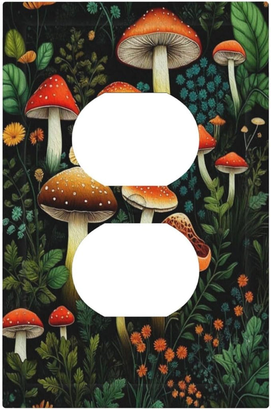 Decorative Outlet Covers Boho Red Mushroom Green Leaf Plants Floral 1 Gang Wall Plate Receptacle Duplex Light Switch Cover Plate Single Dual Plug Covers Electrical Switchplate Faceplate