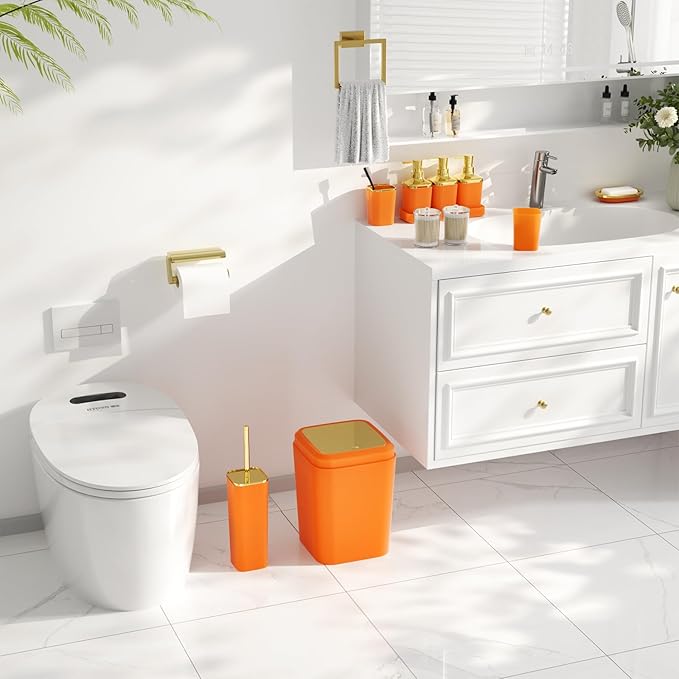 Bathroom Set - Bathroom Sets with Shower Curtain and Rugs, Bathroom Accessory Set, Orange Bathroom Accessories Set with Trash Can, Toilet Brush and Soap Dispensers