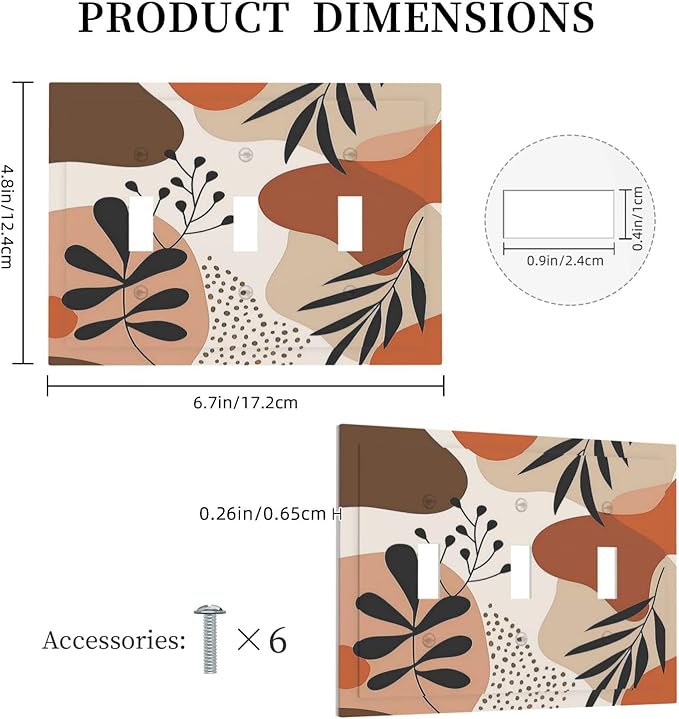 Decorative Switch Plates Boho Botanical Orange Green Beige Minimalist 3 Gang Wall Plate Triple Toggle Light Switch Cover Faceplate Electrical Wall Panels for Bedroom living Room Decor