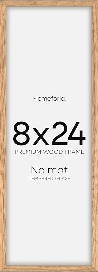 Homeforia 8x24 Panoramic Frame Wooden, High End Natural Oak 8 x 24 Picture Frame Light Wood without Mat, 24x8 Thin Poster Frame for Wall, 8by24 Display Photo Frames, Tempered Glass, Wall Kit, Set of 1